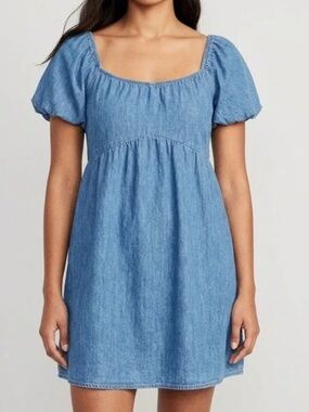 Denim Square Neck Puff Sleeve Baby Doll Mini Dress - Light Blue